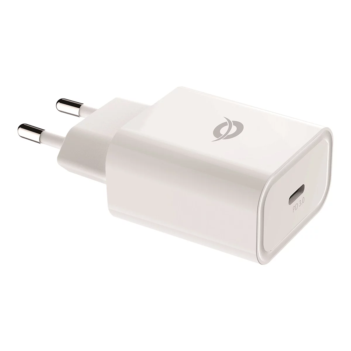 Weißes USB-C Ladegerät mit EU-Stecker und PD 3.0 Kennzeichnung auf weißem Hintergrund.