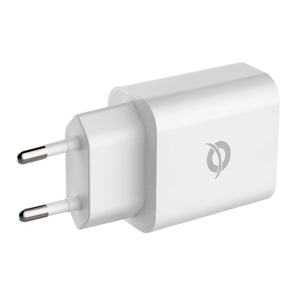Weißes Euro-Stecker-Netzteil vor neutralem Hintergrund mit Logo auf der Seite.