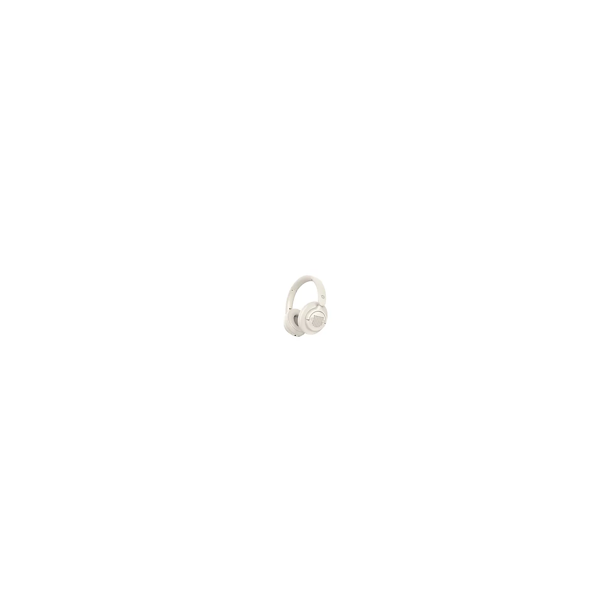 Beige Kopfhörer, Detailansicht. Ohrmuschel mit geriffelter Abdeckung, Bügel mit Logo.