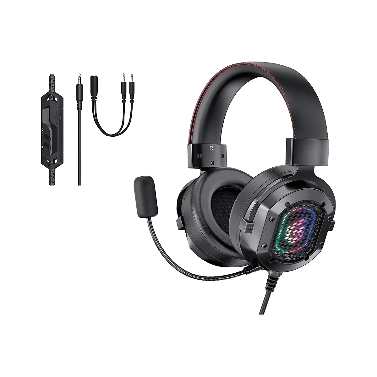 Schwarzes Gaming-Headset mit RGB-Beleuchtung, abnehmbarem Mikrofon und Kabelfernbedienung auf weißem Hintergrund.