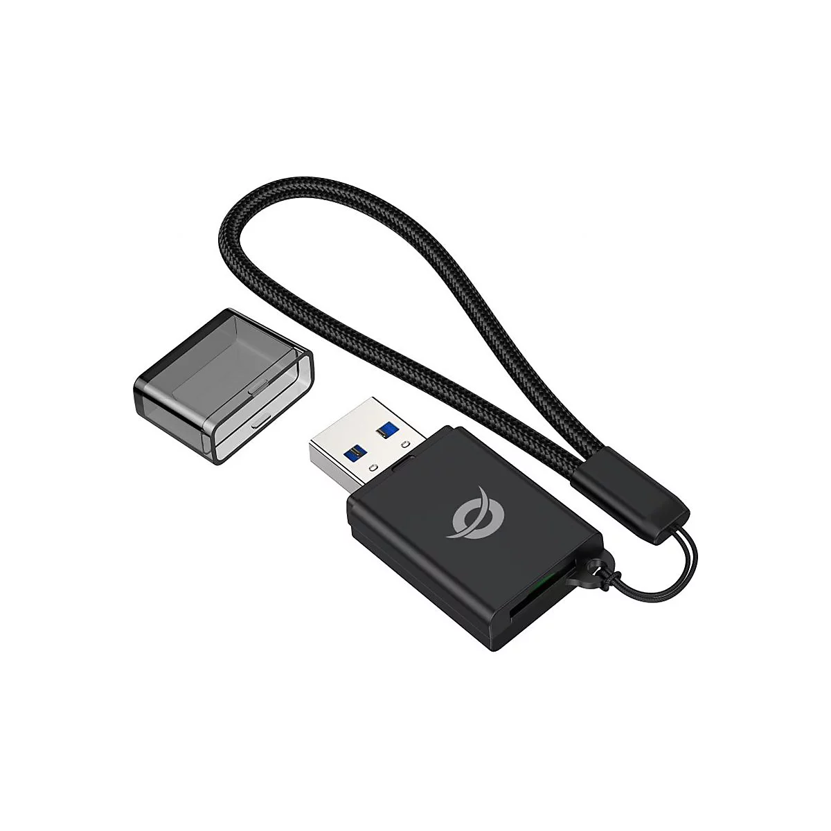 Schwarzer USB-Kartenleser mit Schutzdeckel und Trageschlaufe. Logo in Silber.