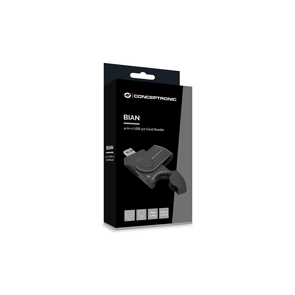 Schwarze Produktverpackung eines Card Readers, mit Produktname und Produktbild. Der Card Reader ist ein USB 3.0 Gerät.