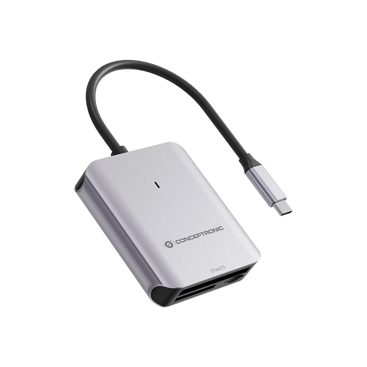 Silberner Conceptronic CFast 2.0 Kartenleser mit USB-C-Kabel auf weißem Hintergrund.