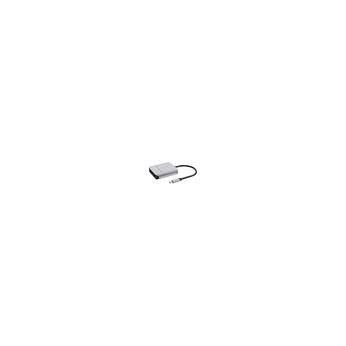 Silberner Kartenleser mit schwarzem Kabel und USB-C-Anschluss.