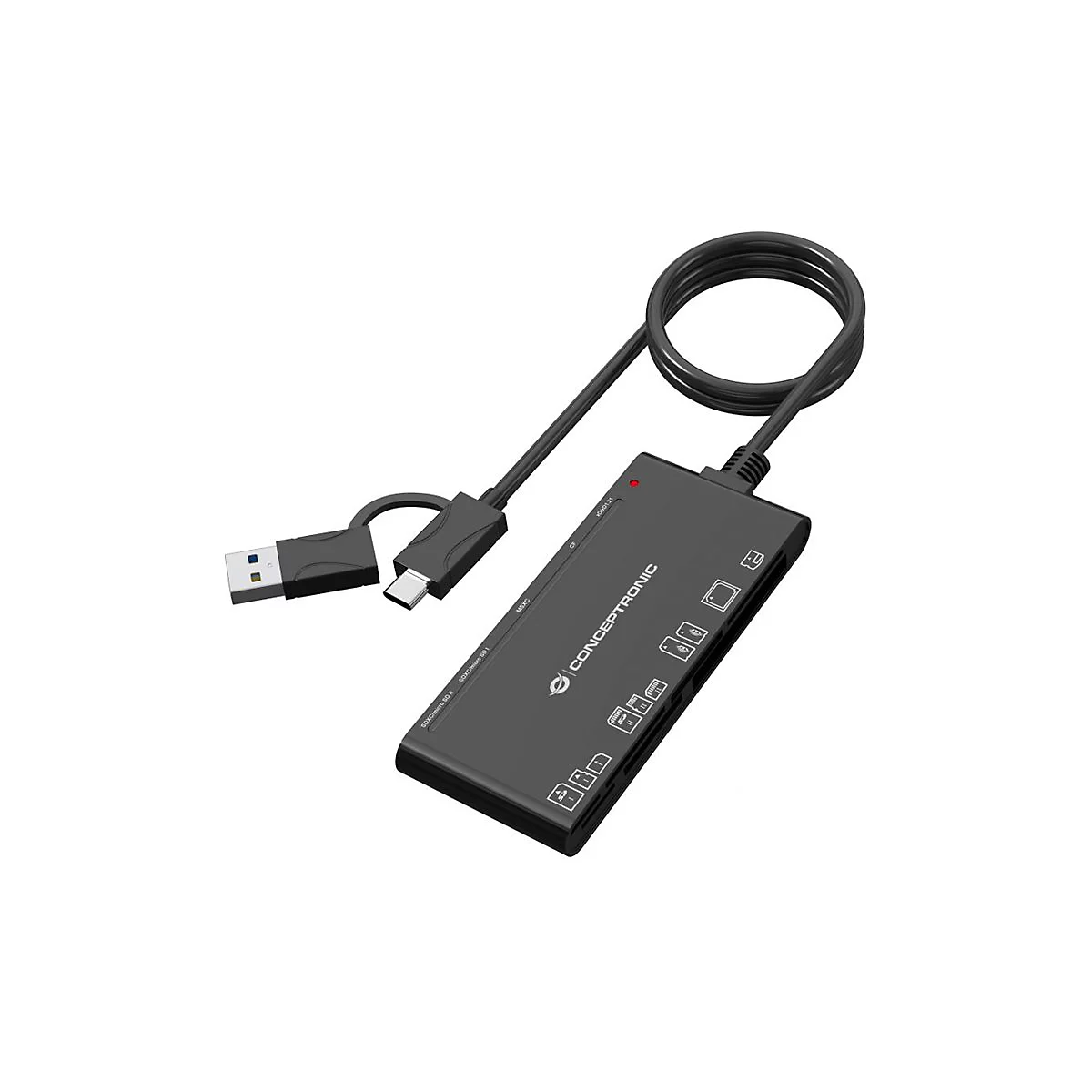 Schwarzer Conceptronic Kartenleser mit USB-A und USB-C Anschluss vor weißem Hintergrund.