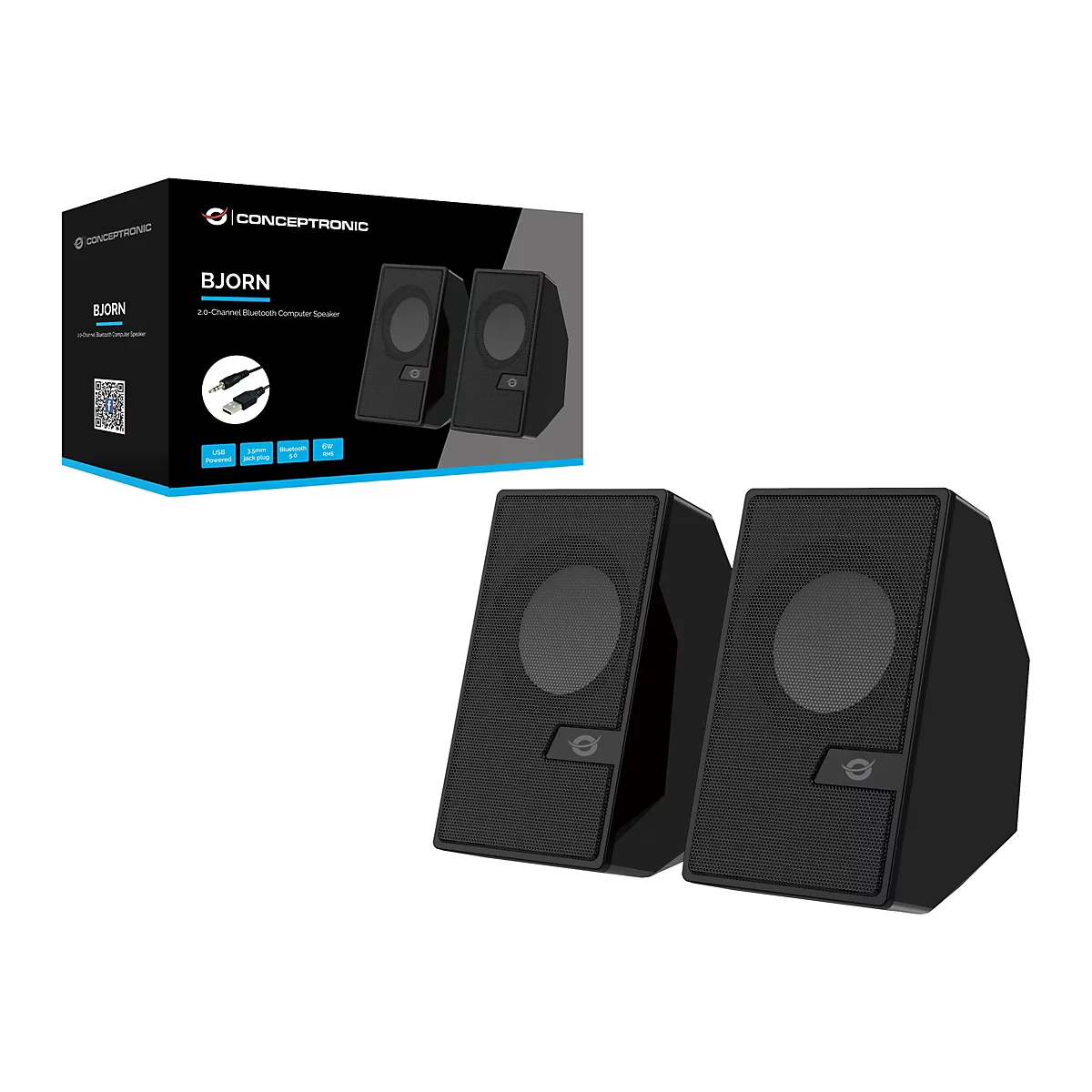 Zwei schwarze Computereinbaulautsprecher stehen vor ihrer Verpackung, auf der "BJORN" und "Conceptronic" stehen.