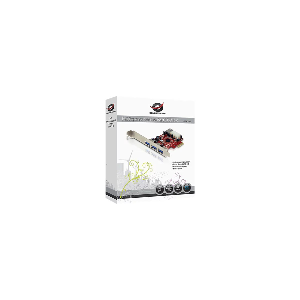 Verpackung der Conceptronic PCI Express Karte mit vier USB 3.0 Anschlüssen auf weißem Hintergrund.