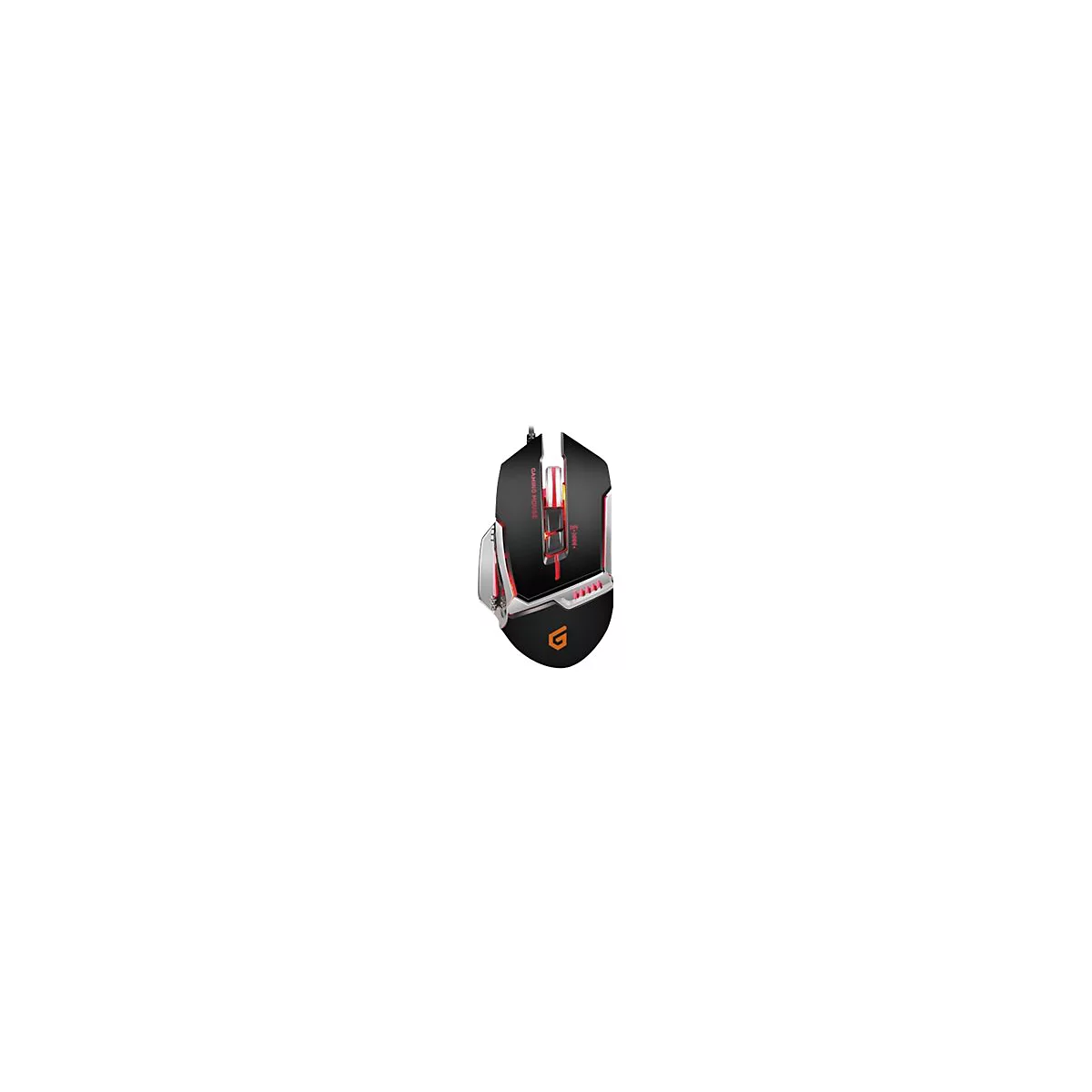 Schwarze Gaming-Maus mit rotem Lichtstreifen, Tasten und G-Logo auf weißem Hintergrund.