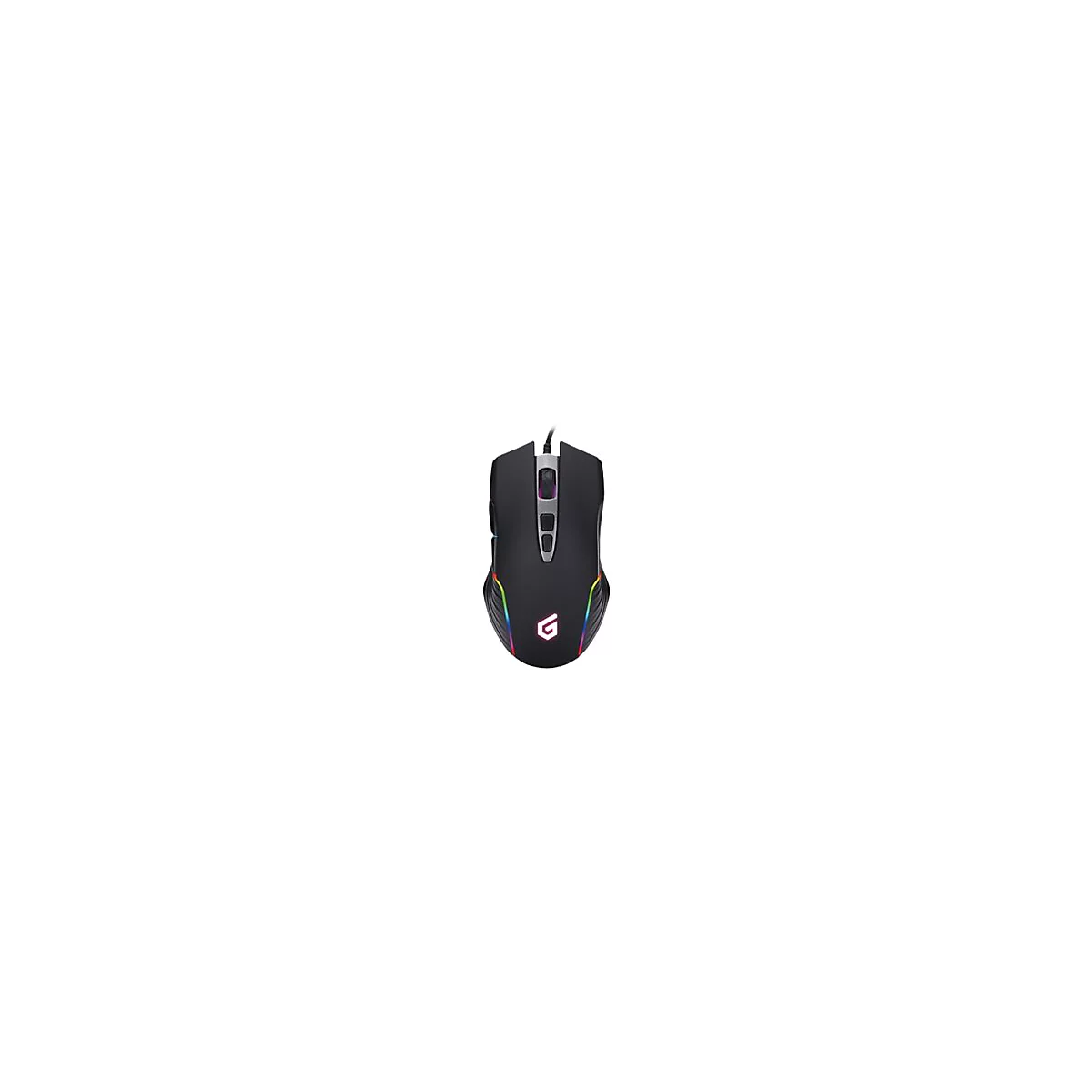 Schwarze Gaming-Maus mit RGB-Beleuchtung und G-Logo, vor weißem Hintergrund.