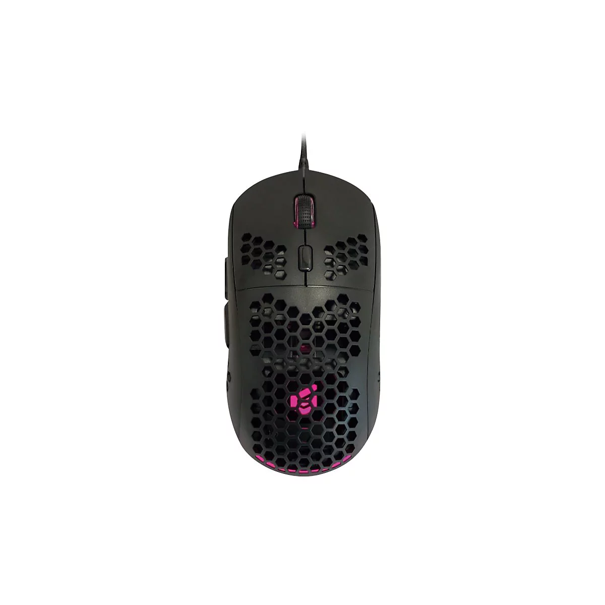 Schwarze Gaming-Maus mit Wabenmuster-Gehäuse und pinker Innenbeleuchtung vor weißem Hintergrund.
