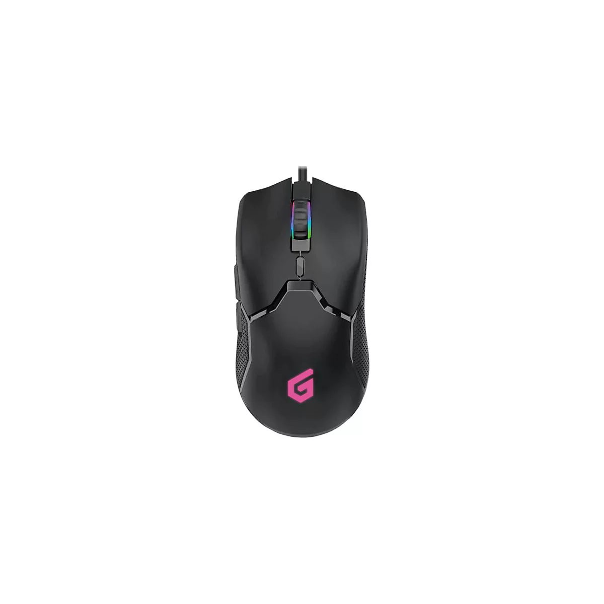 Schwarze Gaming-Maus mit RGB-beleuchtetem Scrollrad und pinkem Logo auf dem Mausrücken.