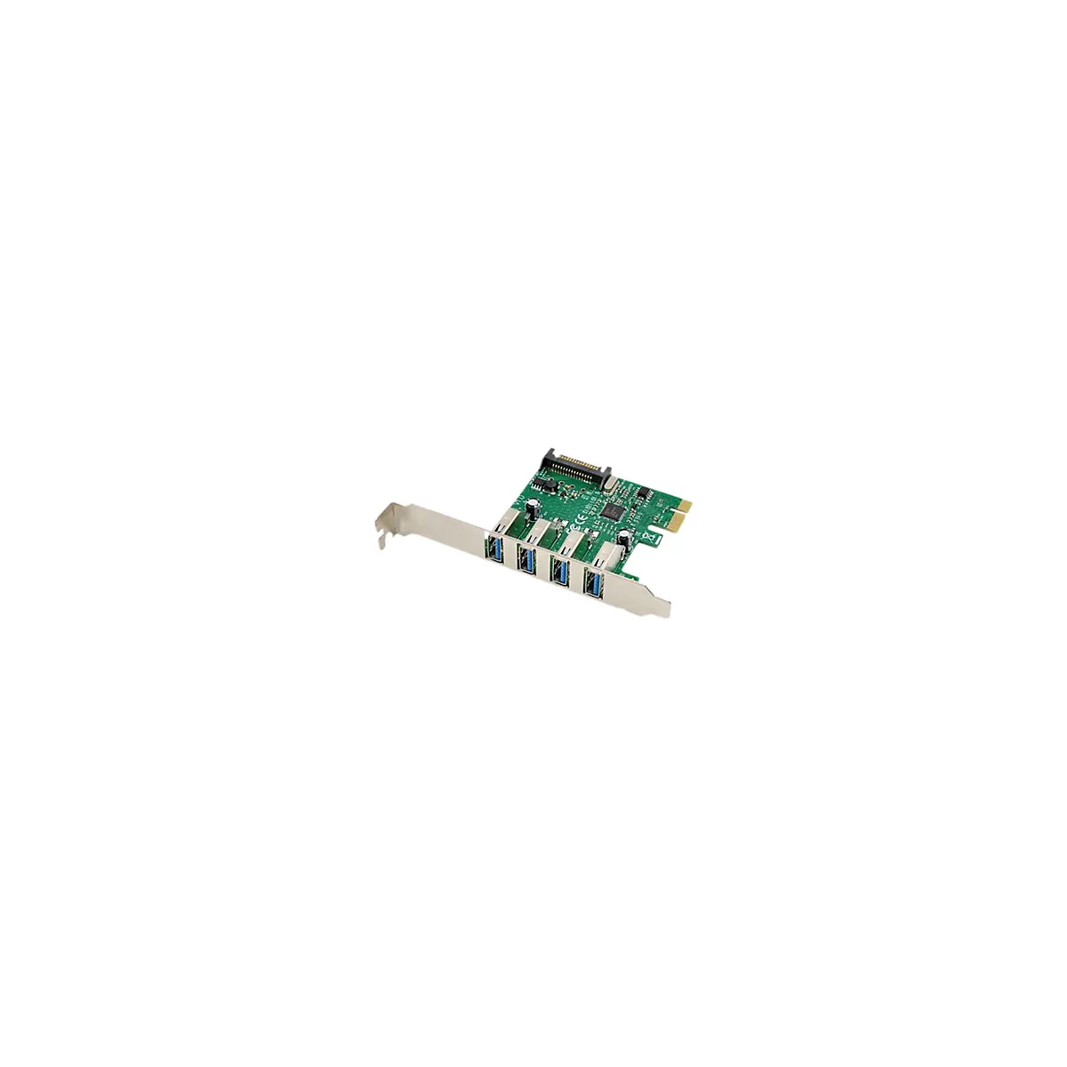 Eine grüne USB-Erweiterungskarte mit vier blauen USB 3.0-Anschlüssen und einem Metallhalter.