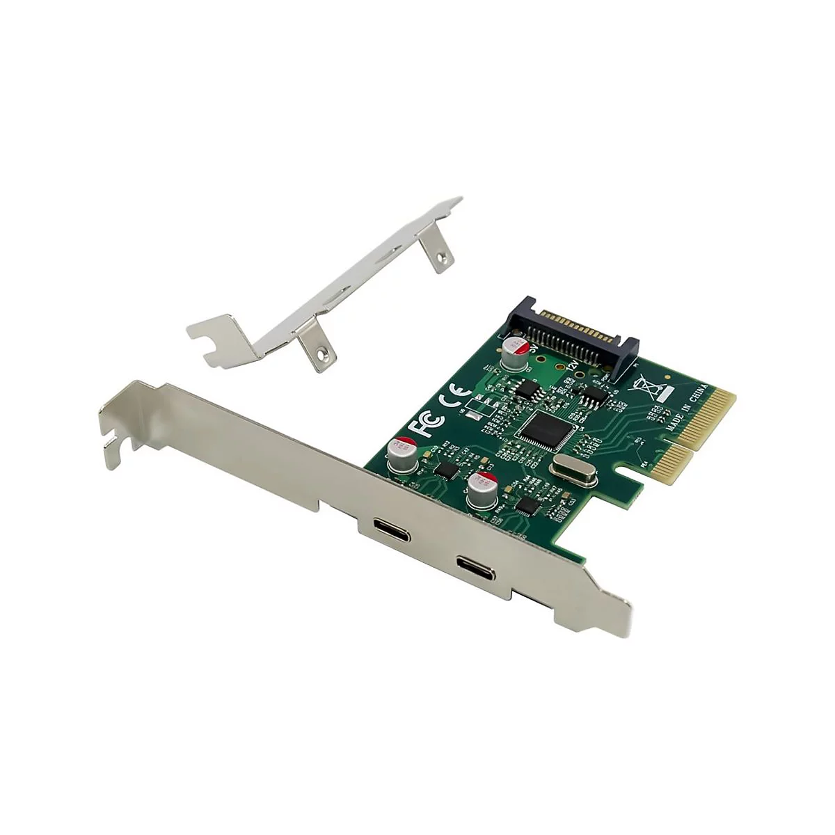 Eine grüne PCIE-Karte mit Anschlüssen, dazu Metallwinkel. Aufgedruckt: FCC, CE, Made in China.