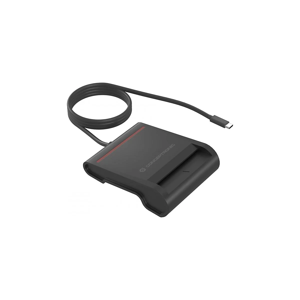 Schwarzer Conceptronic Smartcard-Leser mit USB-C-Kabel auf weißem Hintergrund.