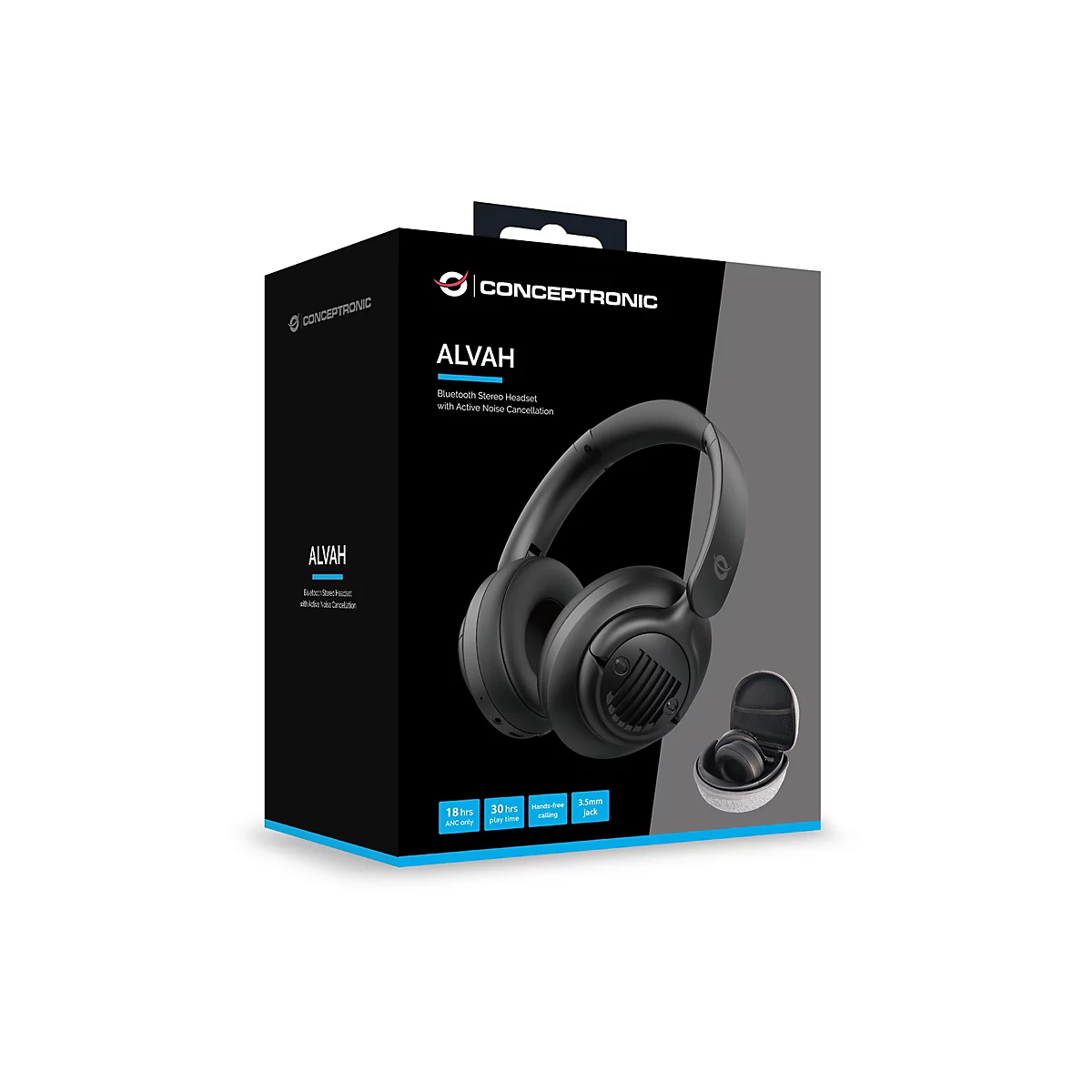 Produktverpackung des schwarzen Conceptronic Alvah Bluetooth-Stereo-Headsets mit Noise-Cancelling-Funktion.