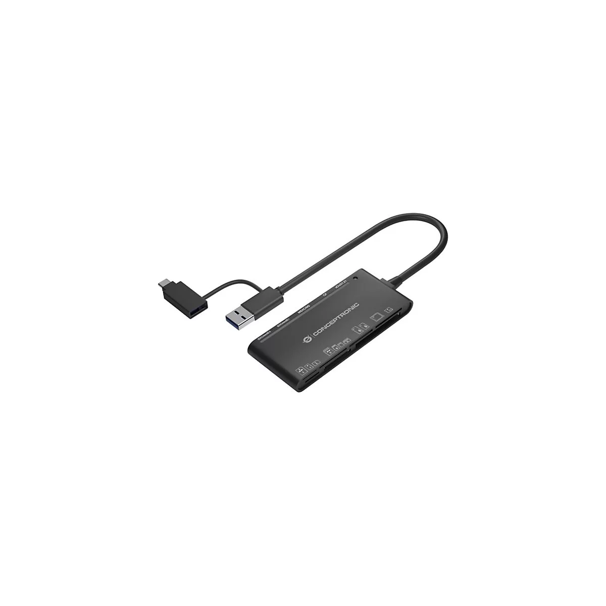 Lecteur de carte noir avec connecteurs USB et USB-C. Plusieurs fentes pour cartes mémoire sont visibles.