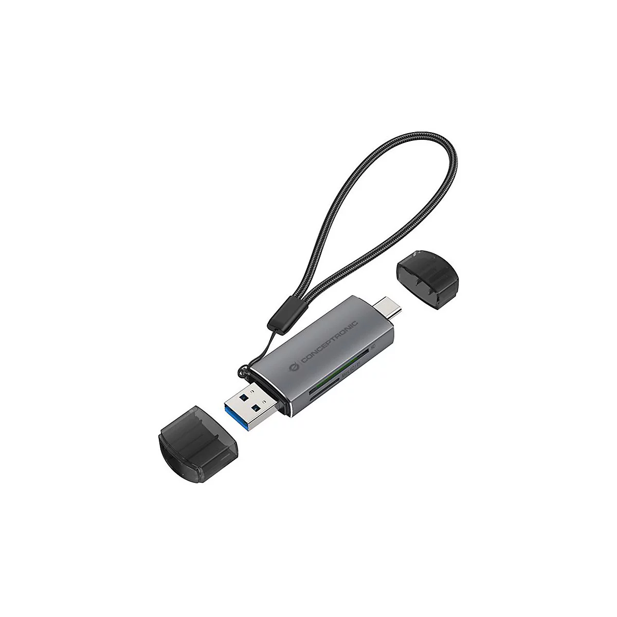 Grauer USB-Speicherkartenleser mit USB-A und USB-C Anschluss, einer Trageschlaufe und zwei abgenommenen Schutzkappen.