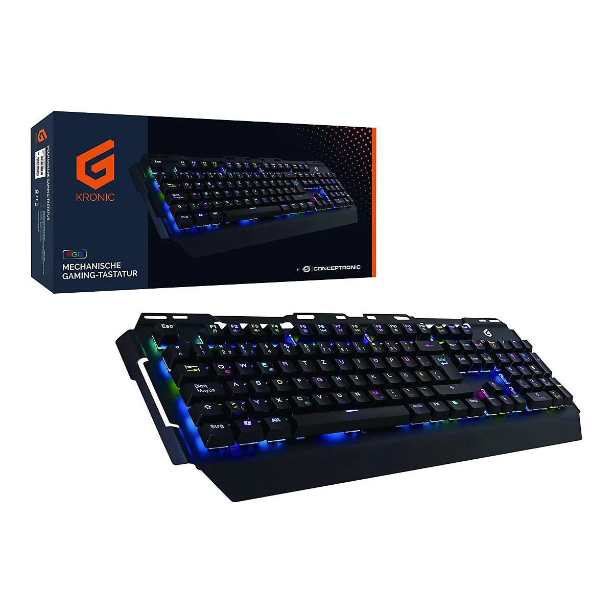 Kronic mechanische Gaming-Tastatur mit RGB-Beleuchtung vor der zugehörigen Produktverpackung.