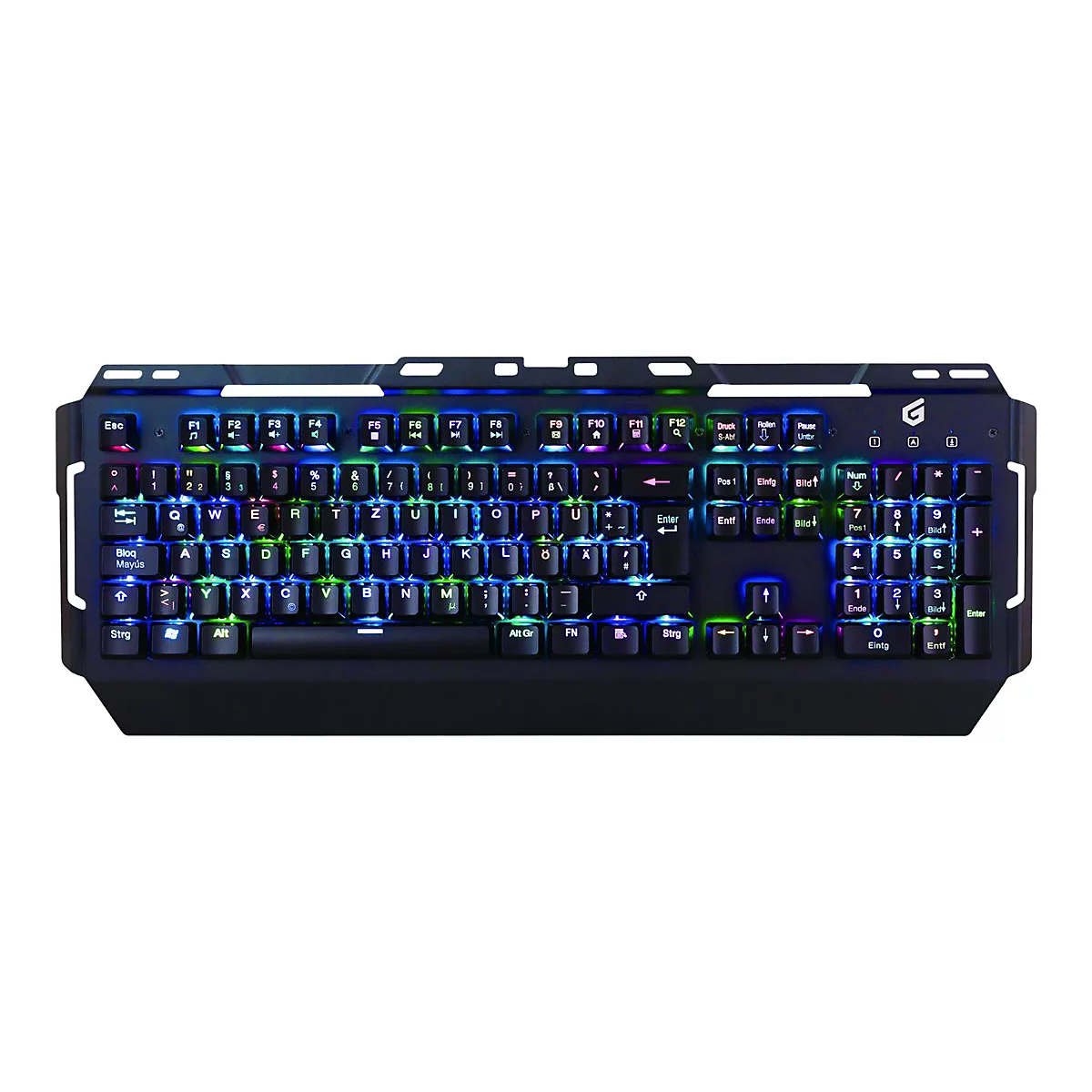 Schwarze Gaming-Tastatur mit bunter RGB-Beleuchtung und deutschem QWERTZ-Layout vor weißem Hintergrund.