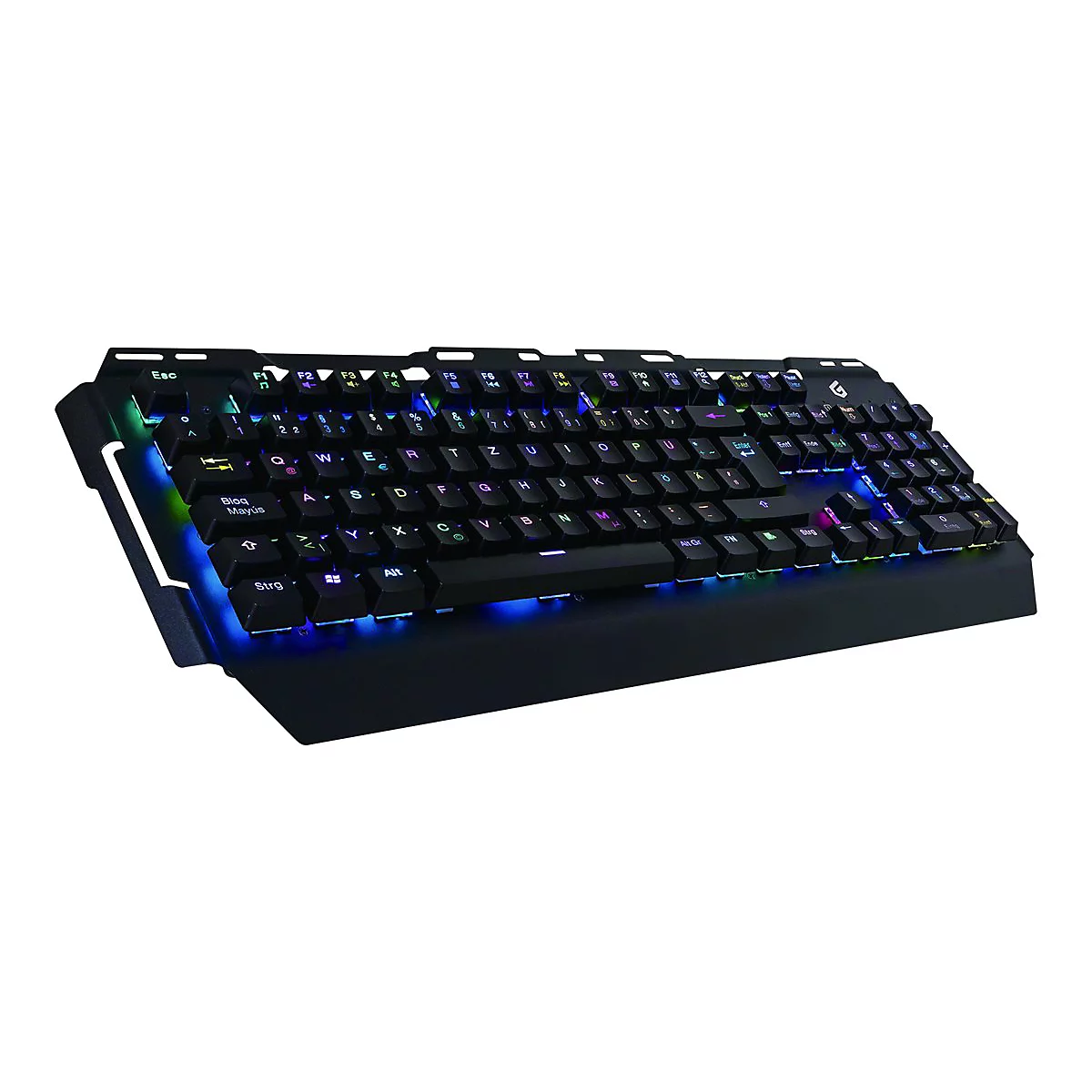 Schwarze Gaming-Tastatur mit bunter RGB-Hintergrundbeleuchtung vor neutralem Hintergrund.