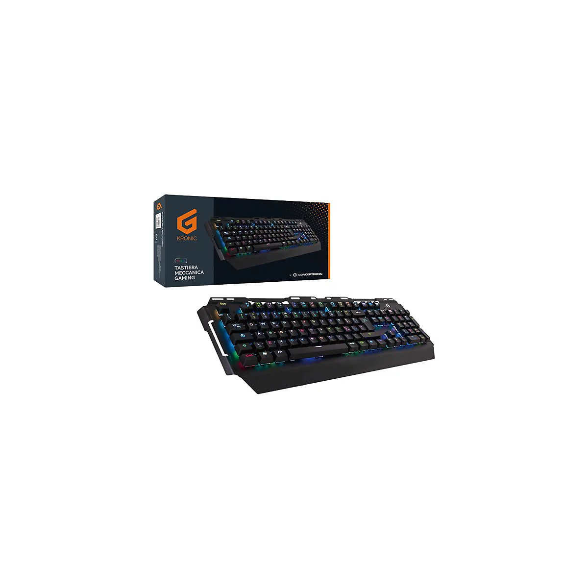 Schwarze Kronic Gaming-Tastatur mit RGB-Beleuchtung vor der zugehörigen Produktverpackung.