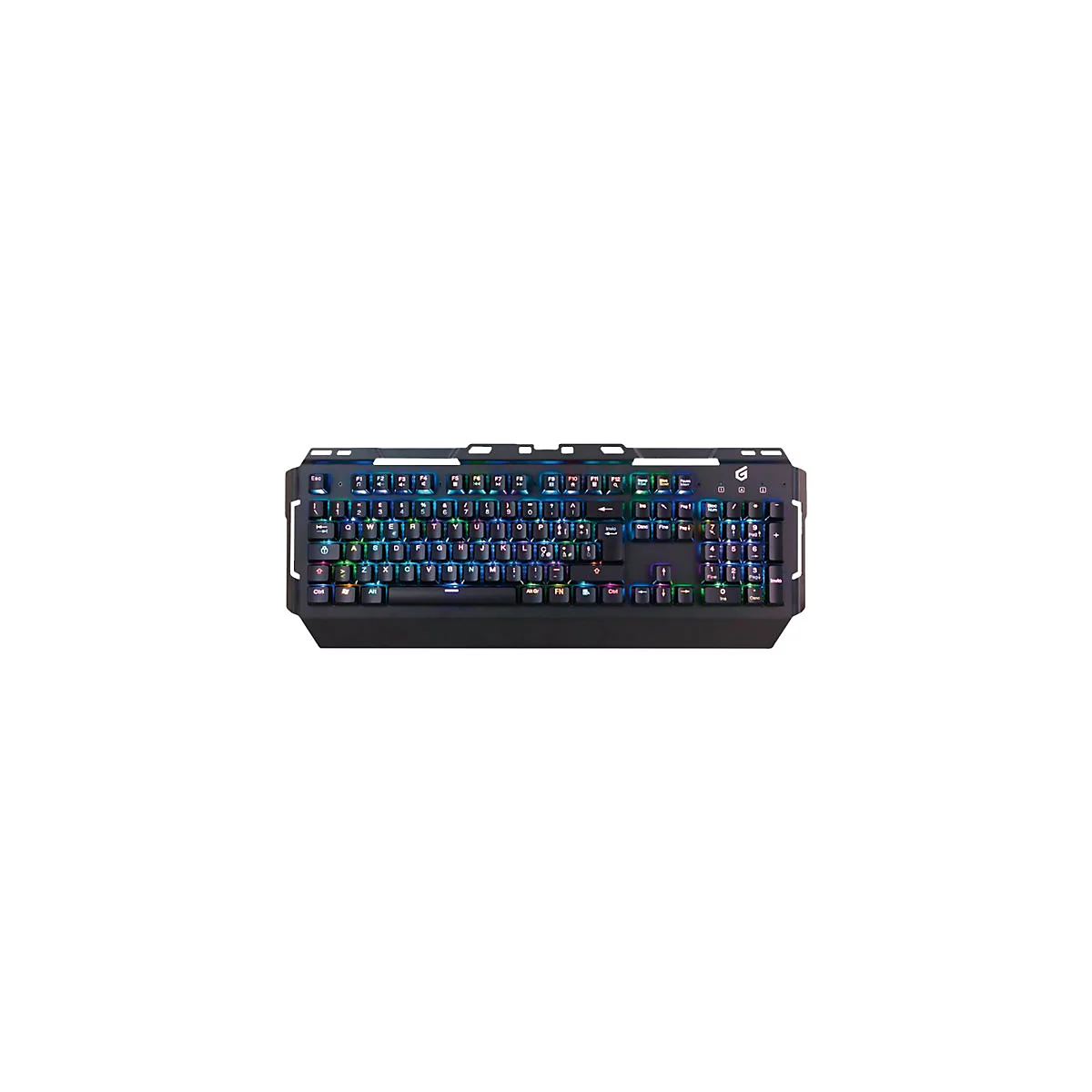 Schwarze Gaming-Tastatur mit RGB-Hintergrundbeleuchtung vor neutralem weißem Hintergrund.