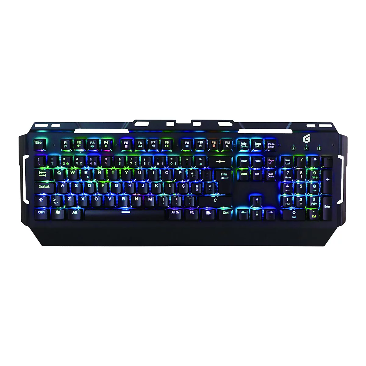 Schwarze Gaming-Tastatur mit bunter LED-Hintergrundbeleuchtung vor neutralem Hintergrund.