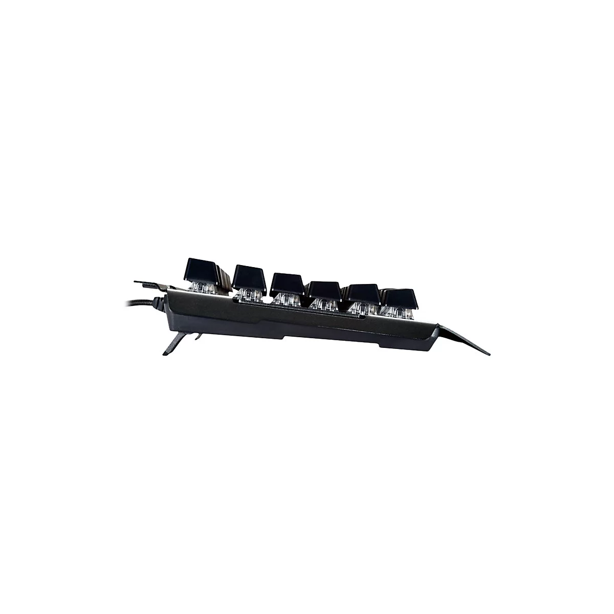 Seitenansicht einer schwarzen mechanischen Gaming-Tastatur mit sichtbaren Schaltern und leicht geneigter Position.
