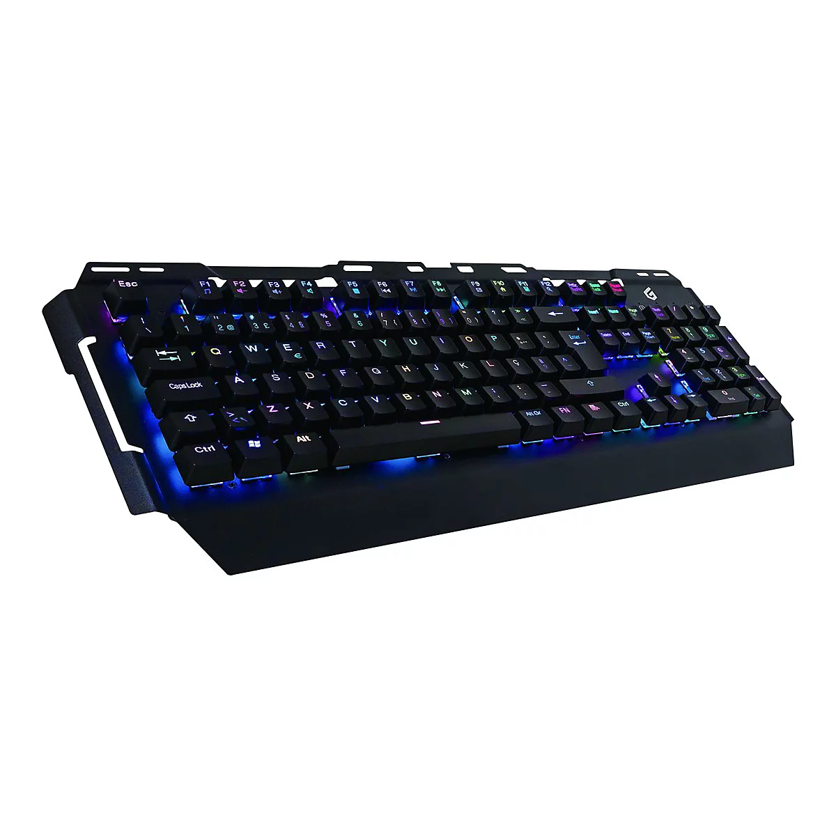 Schwarze Gaming-Tastatur mit RGB-Hintergrundbeleuchtung vor weißem Hintergrund.