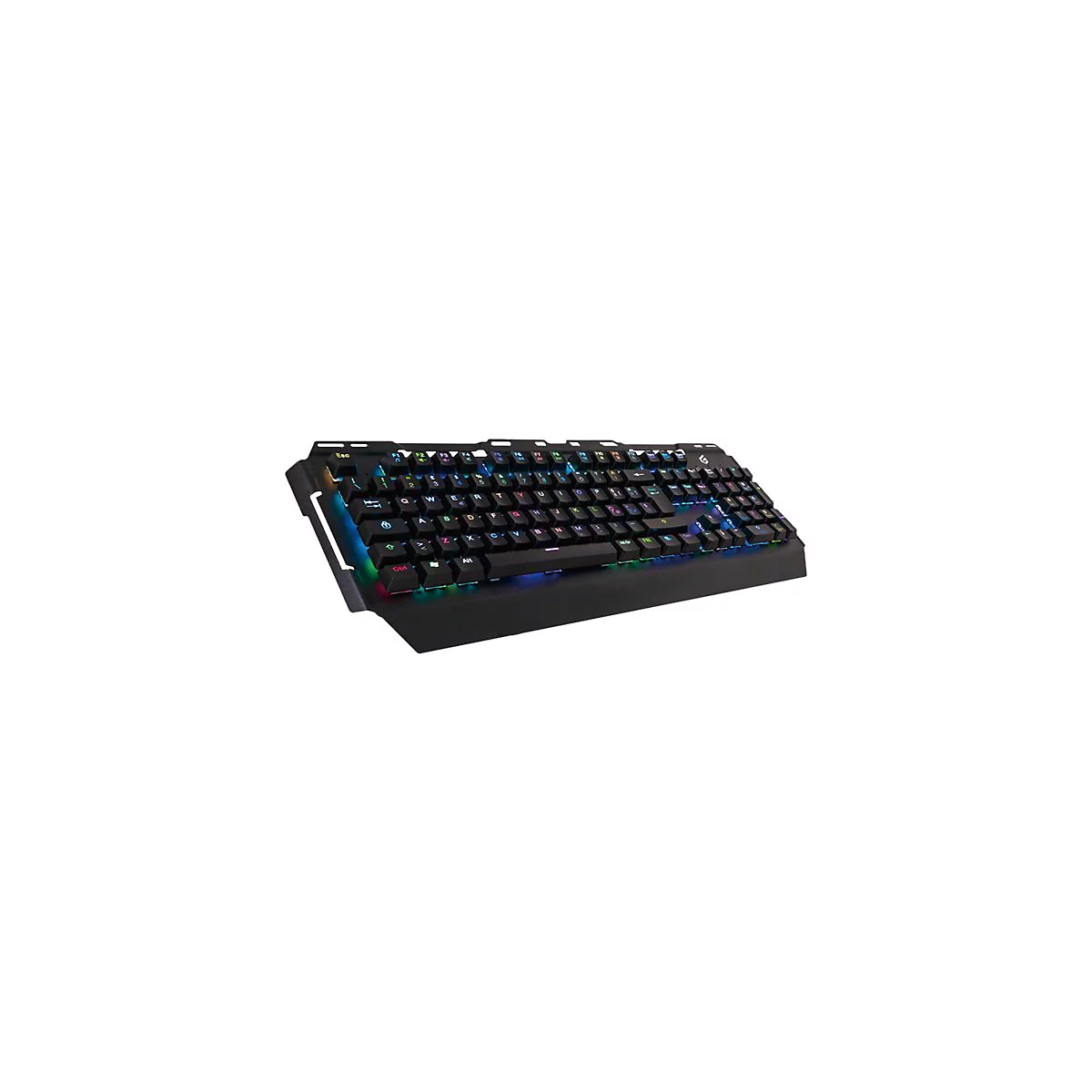 Schwarze Gaming-Tastatur mit RGB-Beleuchtung vor weißem Hintergrund.