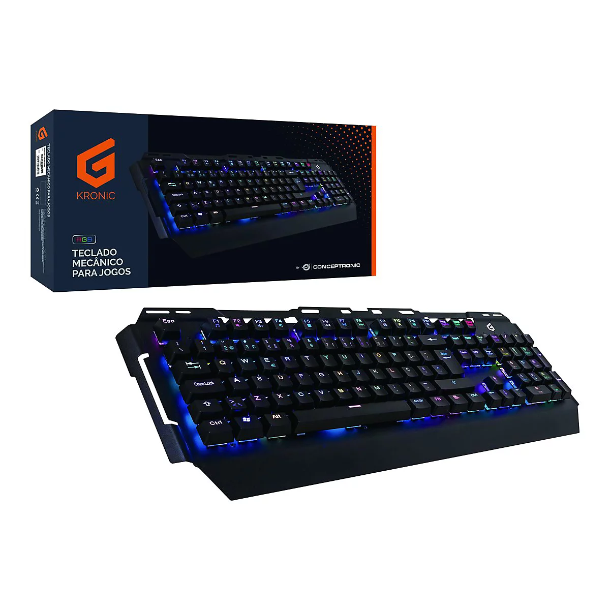 Kronic mechanische Gaming-Tastatur mit RGB-Beleuchtung vor der zugehörigen Produktverpackung.