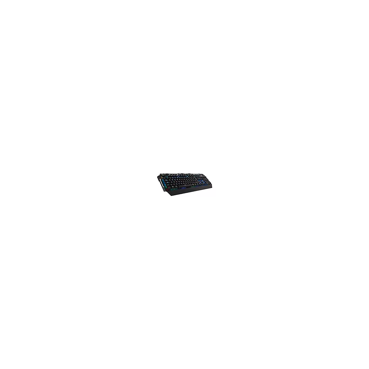 Schwarze Gaming-Tastatur mit beleuchteten Tasten auf weiÃŸem Hintergrund.