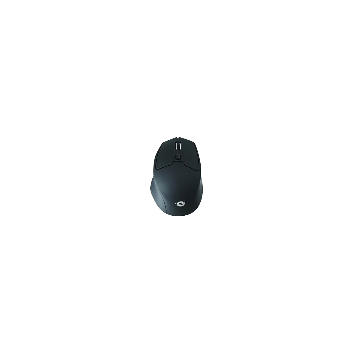 Schwarze ergonomische Maus, Draufsicht, mit Logo.