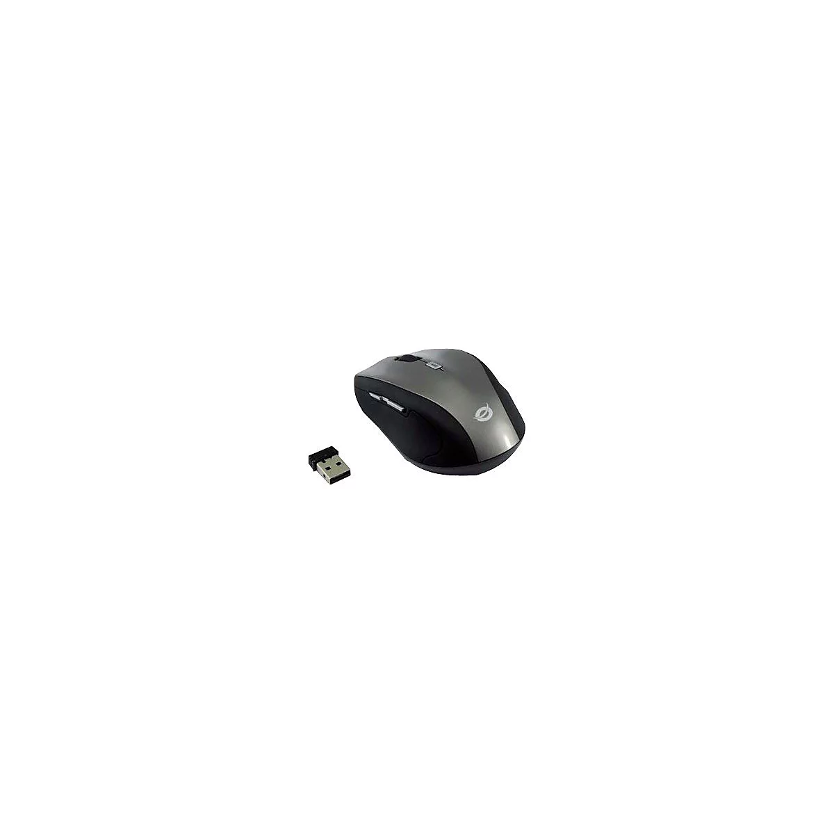Drahtlose Computermaus in Grau und Schwarz mit USB-Empfänger.