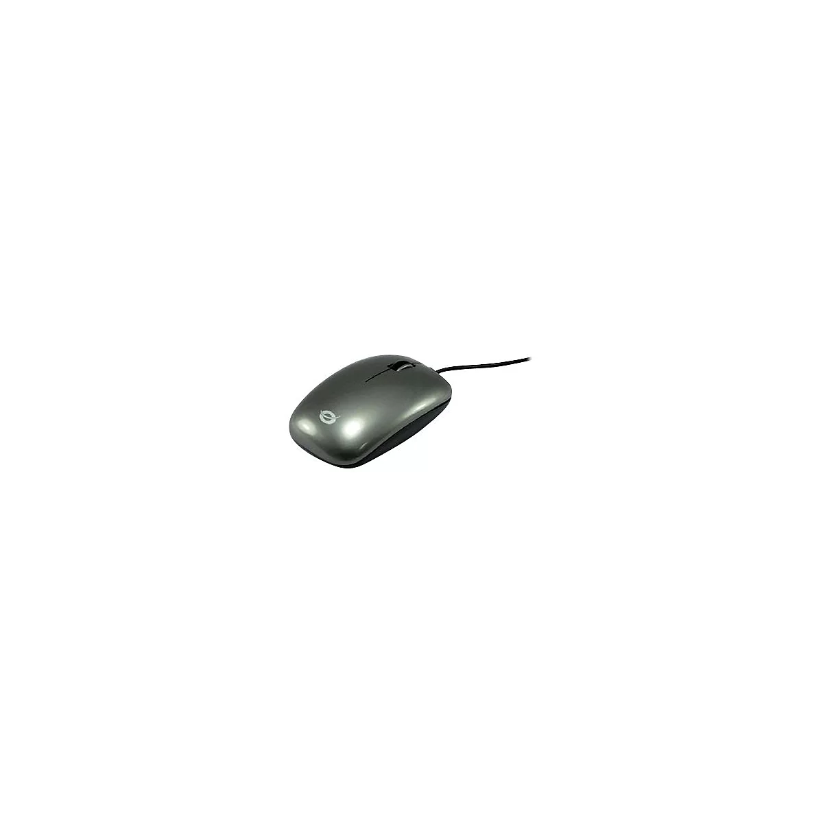 Graue Computermaus mit Kabel. Oben Rolle und Firmenlogo.