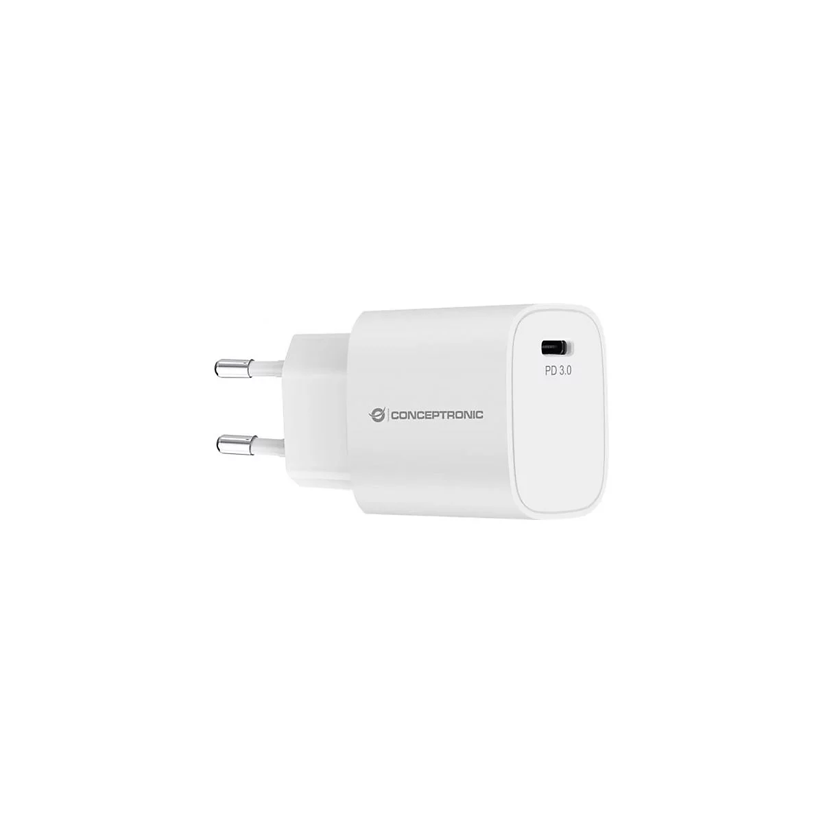 Weißes Conceptronic USB-C Netzteil mit PD 3.0 Schnellladefunktion vor neutralem Hintergrund.