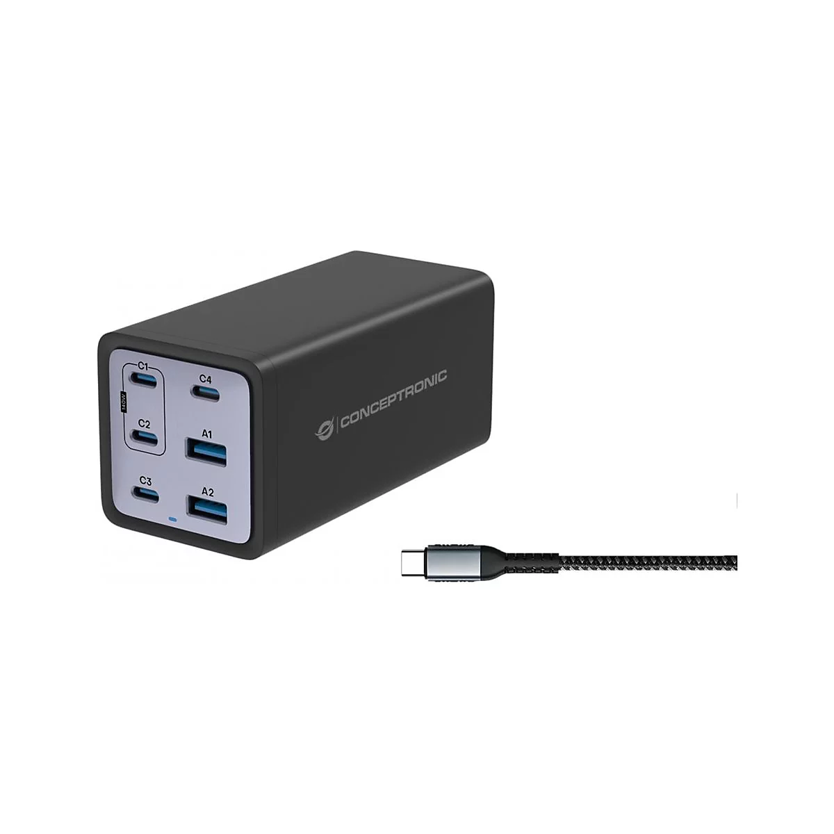 Ein schwarzes Conceptronic Ladegerät mit mehreren Anschlüssen. Ein USB-C Kabel liegt daneben.