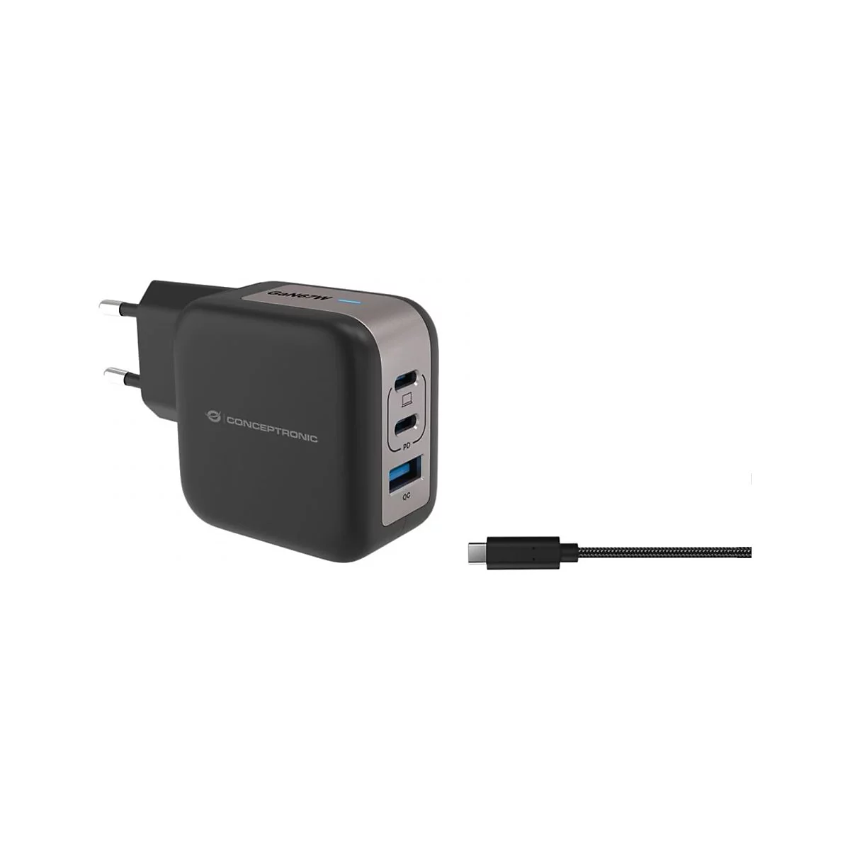 Schwarzes Conceptronic USB-C Ladegerät mit drei Anschlüssen und einem beiliegenden USB-C Kabel vor weißem Hintergrund.