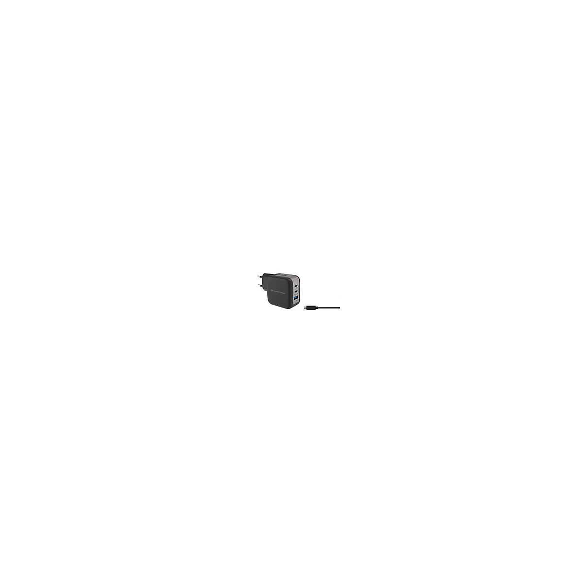 Schwarzes Ladegerät mit Steckdosenanschluss und USB-C Kabel. Grau umrandet. Zwei USB-C Anschlüsse und ein USB-A Anschluss.