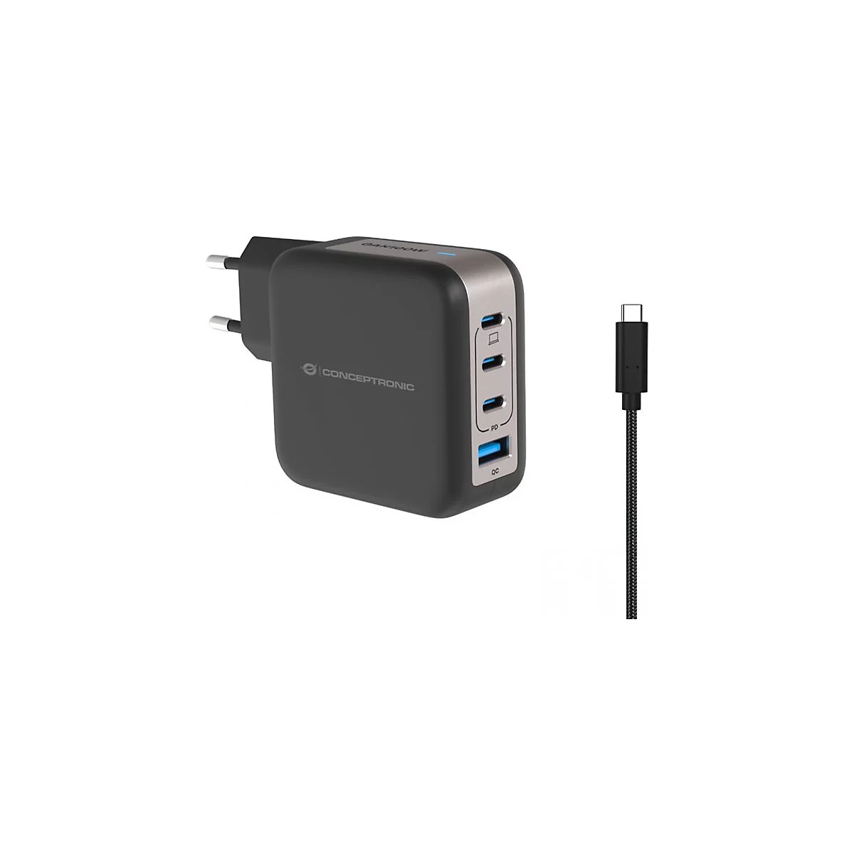 Schwarzes Conceptronic GaN 100W Ladegerät mit vier Anschlüssen und USB-C Kabel vor weißem Hintergrund.