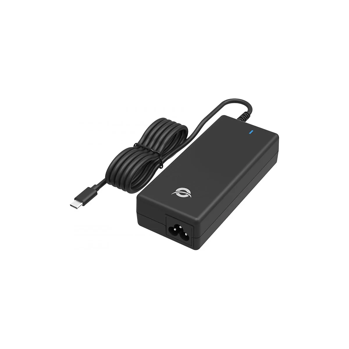 Schwarzes Netzteil mit Kabel. Ein Ende hat einen USB-C-Anschluss, das andere ein dreipoliger Stecker.
