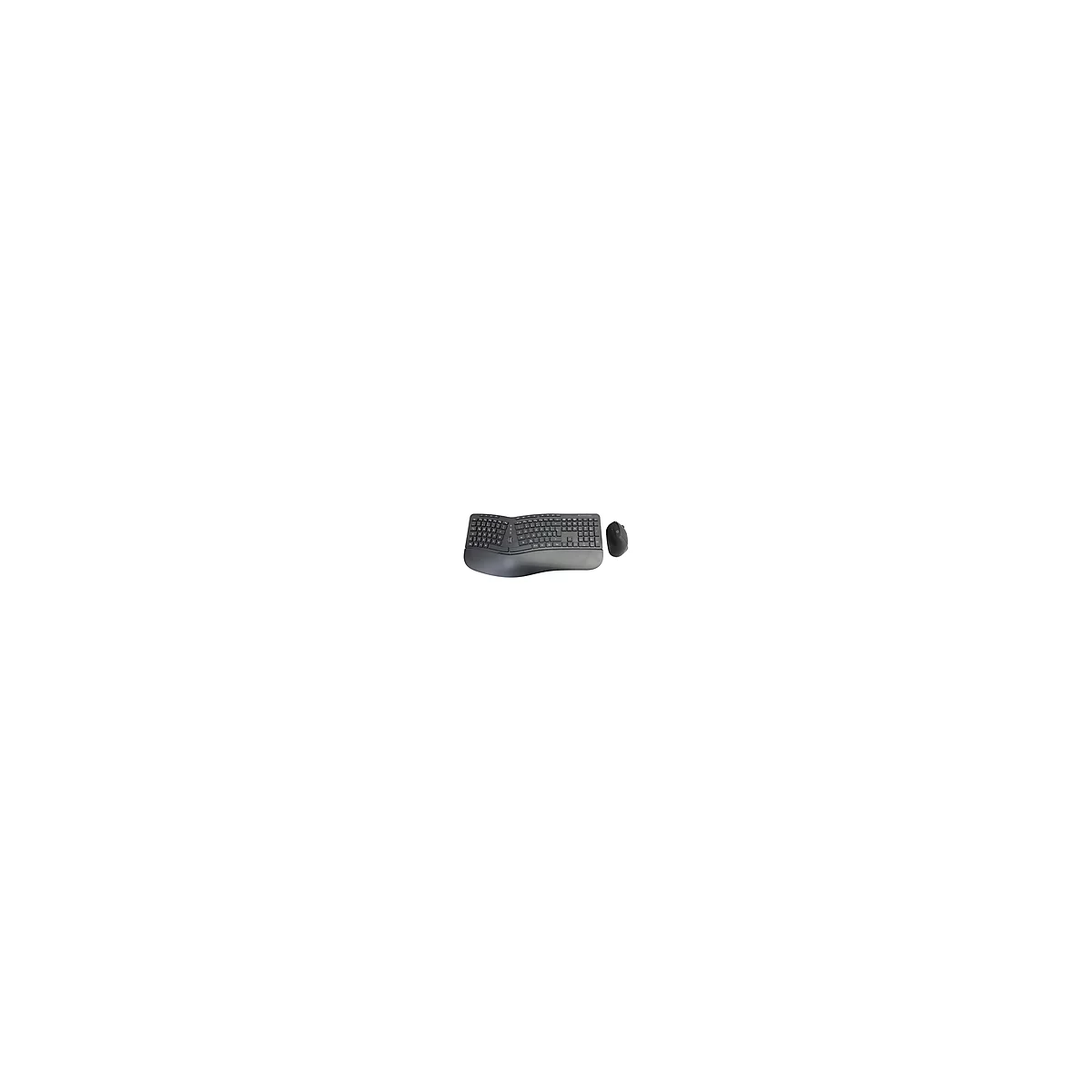 Ergonomische, schwarze Tastatur und Maus auf weißem Hintergrund. Die Tastatur hat eine geschwungene Form mit Handballenauflage.