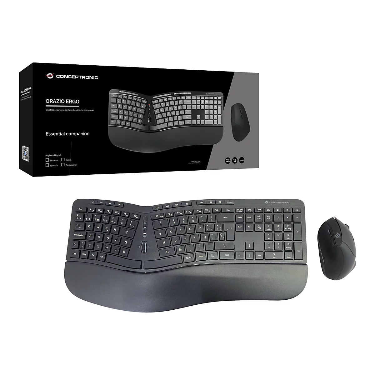 Schwarze, ergonomische Tastatur mit Maus, samt Verpackung. Aufschrift: Orazio Ergo, Essential Companion.