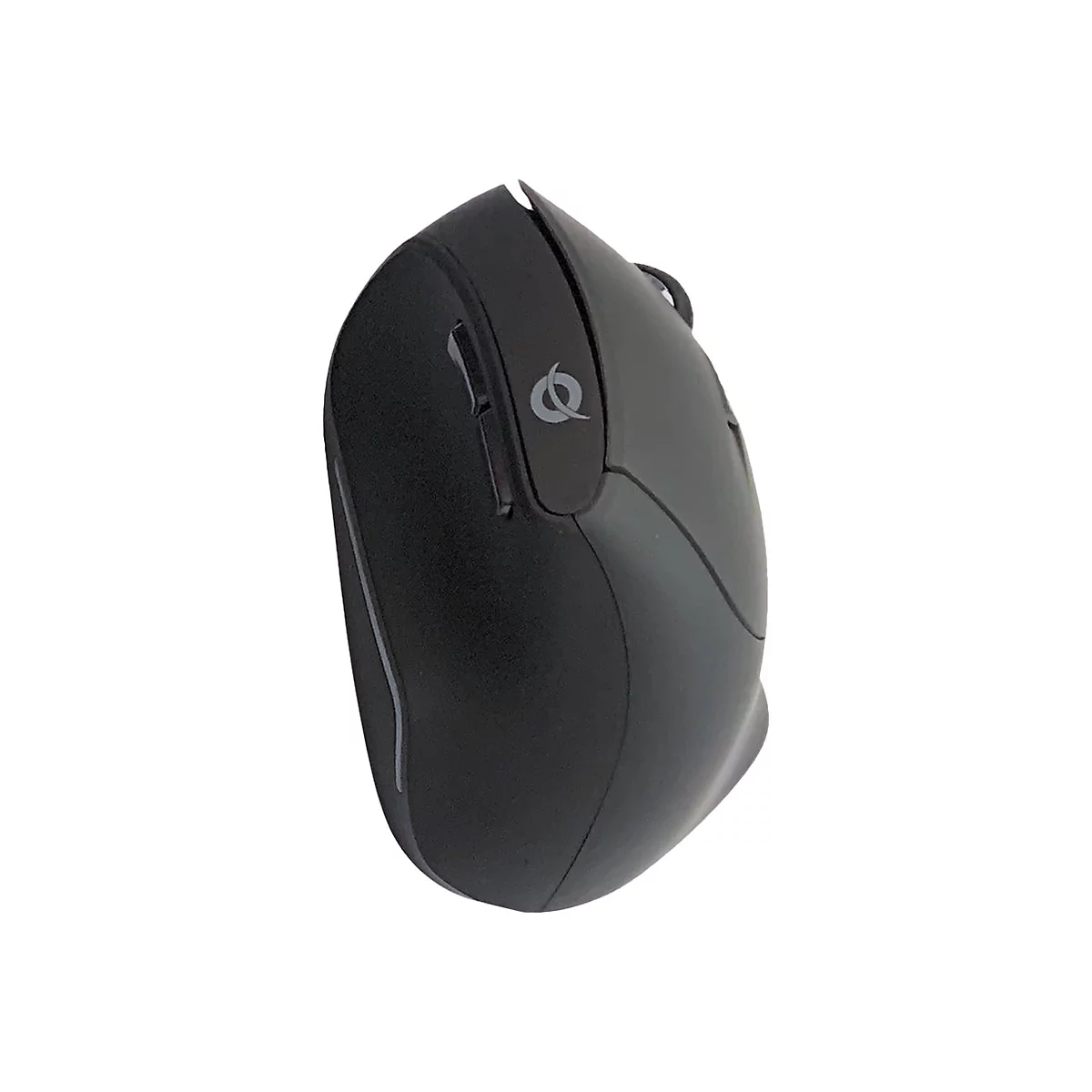 Schwarze ergonomische Maus, seitlich geneigt, mit seitlichen Tasten und Markenlogo.