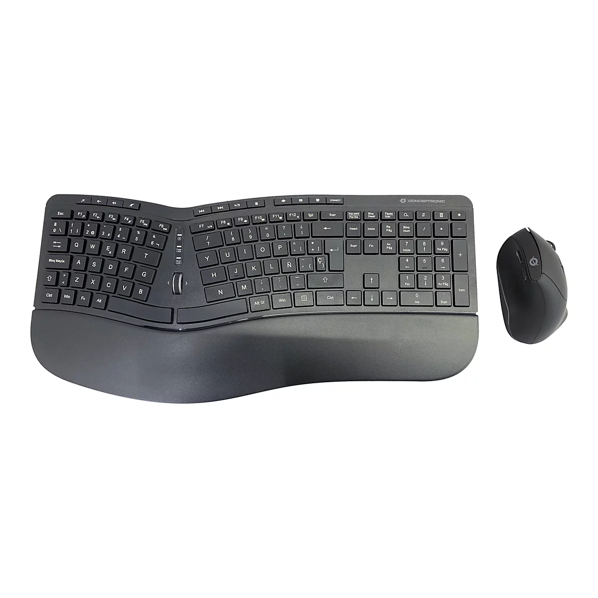 Ergonomische Tastatur und Maus in Schwarz. Die Tastatur hat eine geschwungene Form mit Handgelenkauflage.