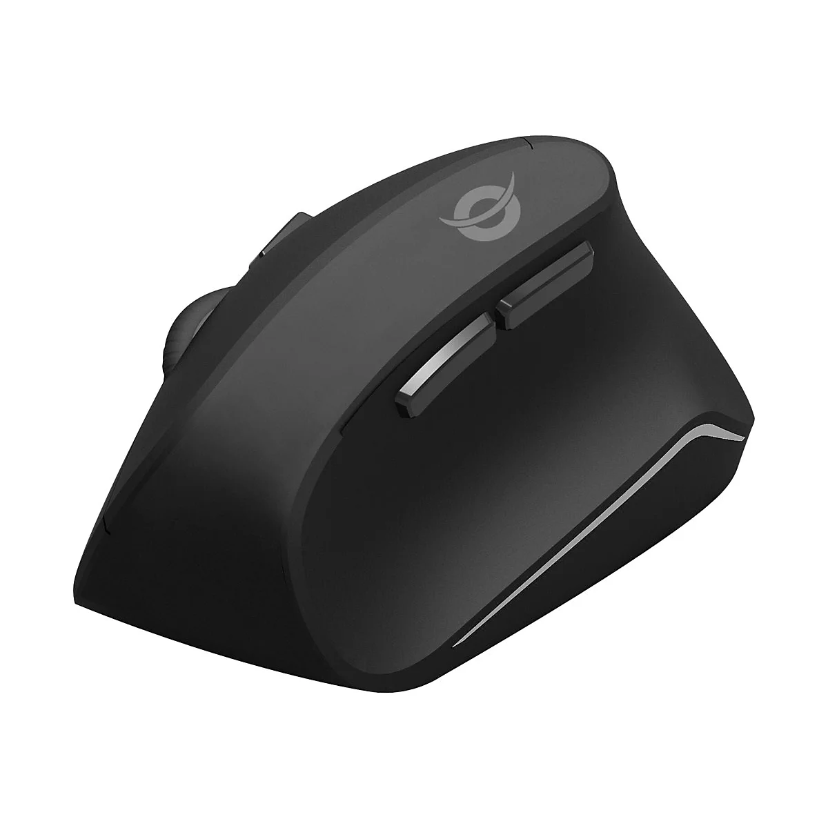 Schwarze ergonomische Maus mit Logo und zwei Tasten. Scrollrad und silberfarbener Streifen an der Seite.