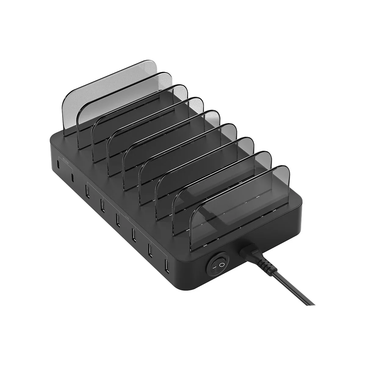 Schwarze Ladestation mit acht Fächern und mehreren USB-Anschlüssen für verschiedene Geräte vor weißem Hintergrund.