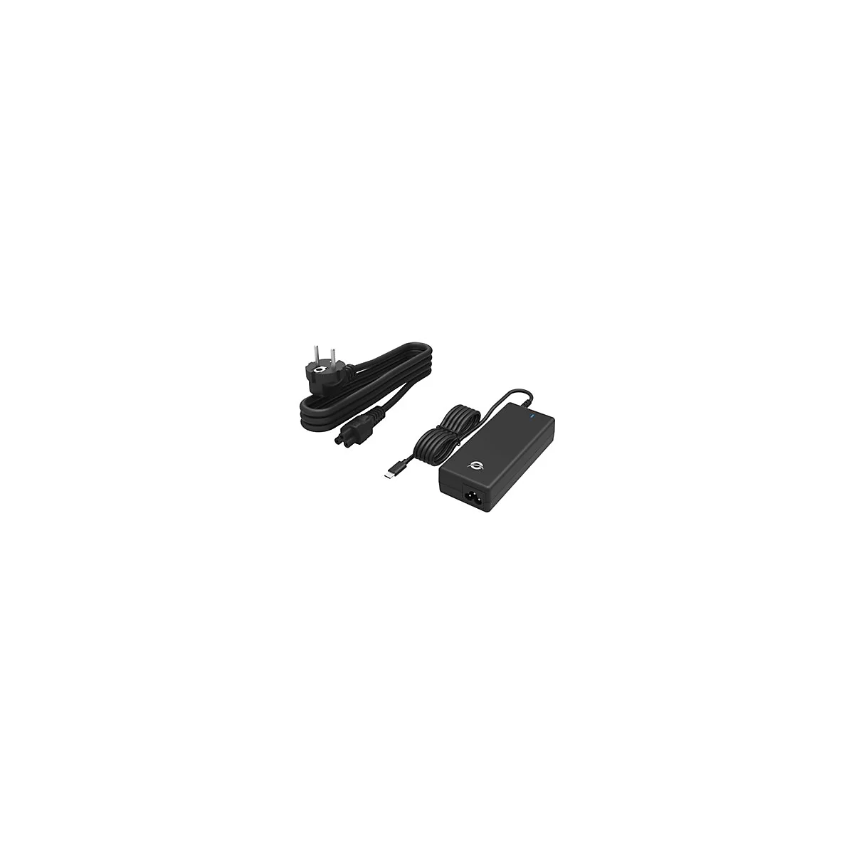 Ein schwarzes Laptop-Netzteil mit Kabeln und Stecker. Oben links ein Stecker, rechts das Netzteil mit Logo.
