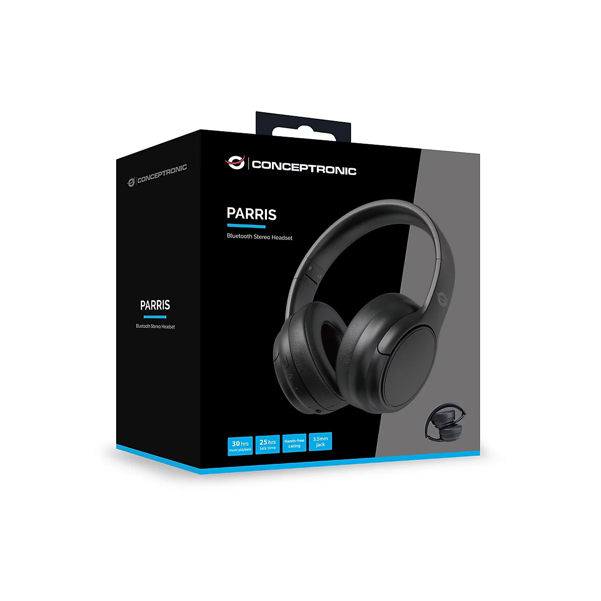 Schwarze Produktverpackung des Conceptronic Parris Bluetooth-Headsets.