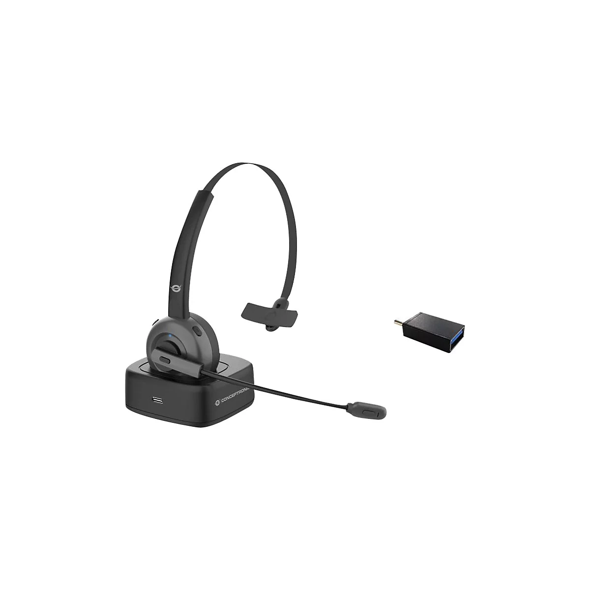 Drahtloses Headset mit Ladestation und USB-Adapter. Das Headset ist schwarz und grau, die Basis schwarz, mit Logo. Der Adapter ist schwarz.